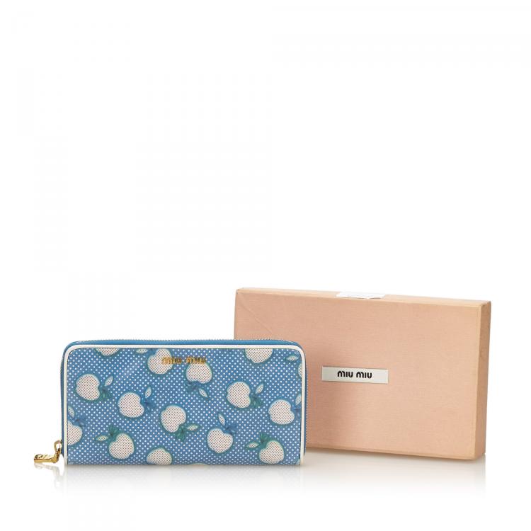 Pre Owned Miu Miu Blue Leather Apple Zip Around Wallet