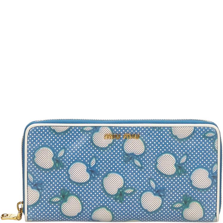Pre Owned Miu Miu Blue Leather Apple Zip Around Wallet