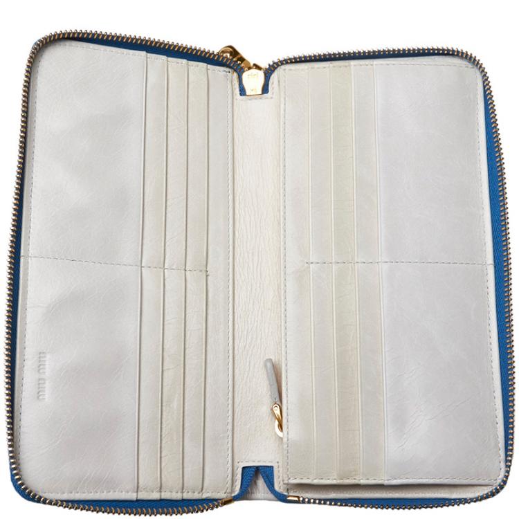 Pre Owned Miu Miu Blue Leather Apple Zip Around Wallet