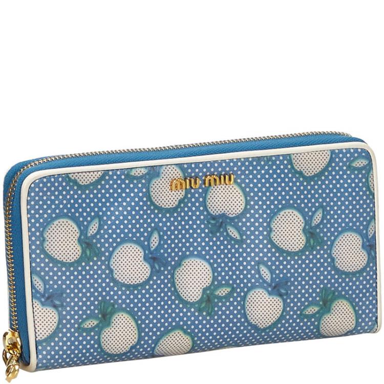 Pre Owned Miu Miu Blue Leather Apple Zip Around Wallet