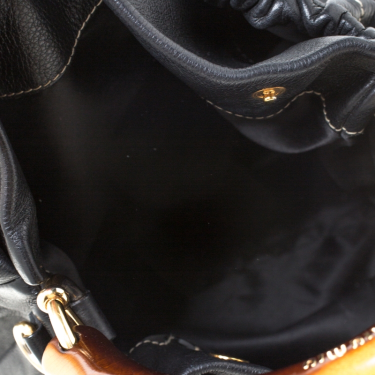 Pre Owned Miu Miu Black Leather Wooden Handle Hobo