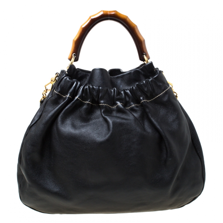 Pre Owned Miu Miu Black Leather Wooden Handle Hobo