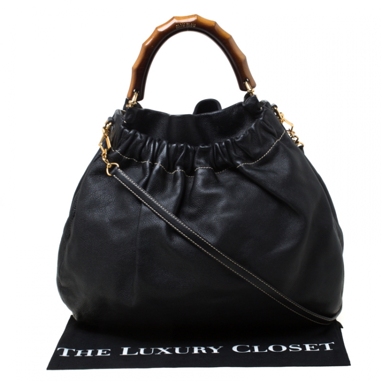 Pre Owned Miu Miu Black Leather Wooden Handle Hobo