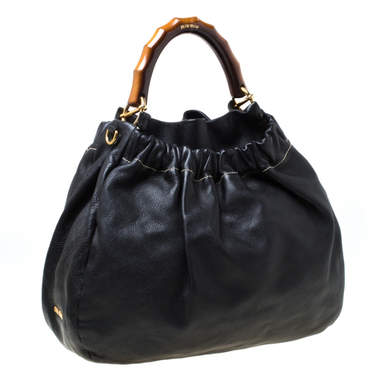 Pre Owned Miu Miu Black Leather Wooden Handle Hobo