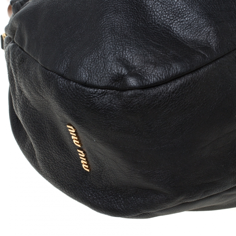 Pre Owned Miu Miu Black Leather Wooden Handle Hobo