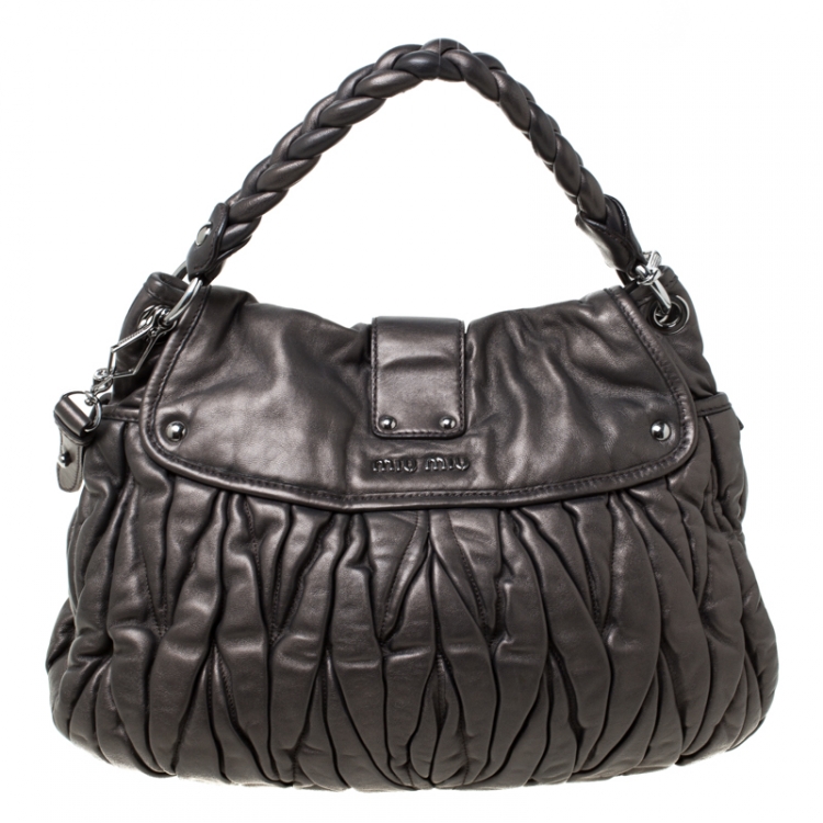Pre Owned Miu Miu Dark Grey Matelasse Leather Coffer Hobo 