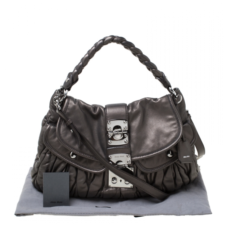 Pre Owned Miu Miu Dark Grey Matelasse Leather Coffer Hobo 