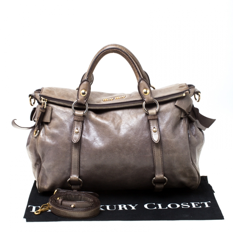 Pre Owned Miu Miu Olive Green Vitello Lux Leather Bow Satchel