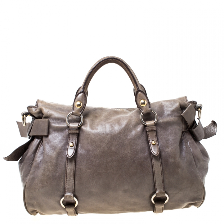 Pre Owned Miu Miu Olive Green Vitello Lux Leather Bow Satchel