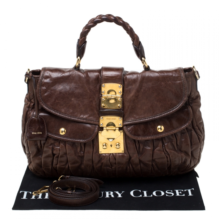 Pre Owned Miu Miu Dark Brown Matelasse Lux Leather Coffer Hobo