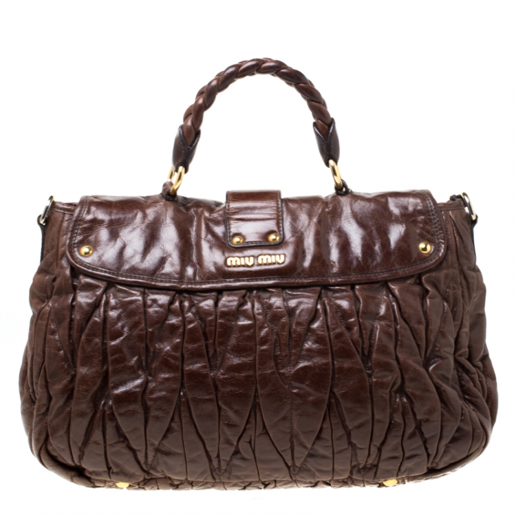 Pre Owned Miu Miu Dark Brown Matelasse Lux Leather Coffer Hobo