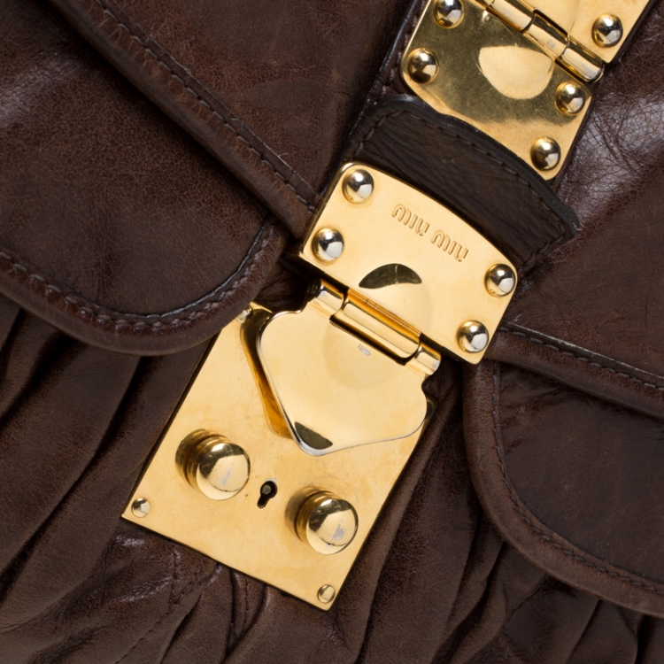 Pre Owned Miu Miu Dark Brown Matelasse Lux Leather Coffer Hobo