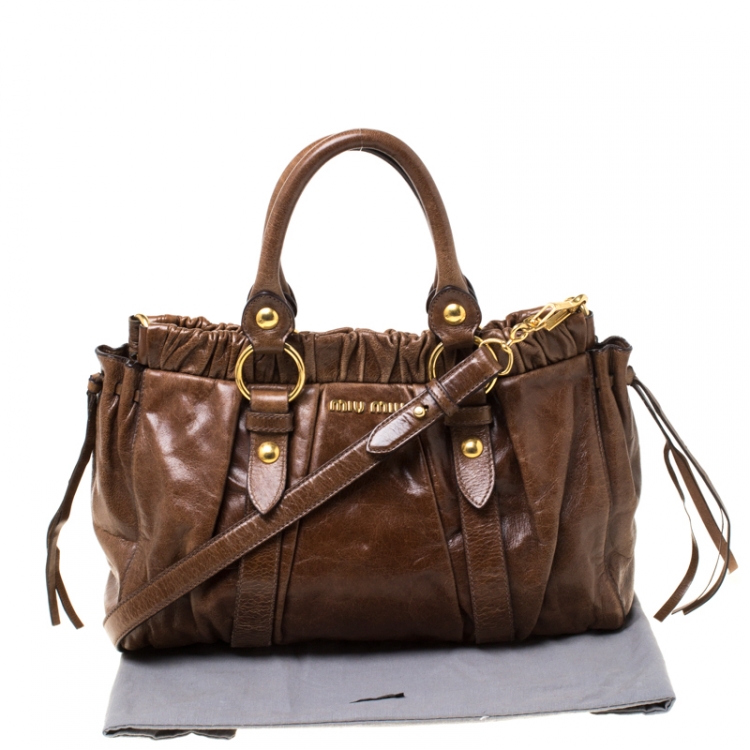 Pre Owned Miu Miu Brown Glazed Leather Luxe Ruched Tote