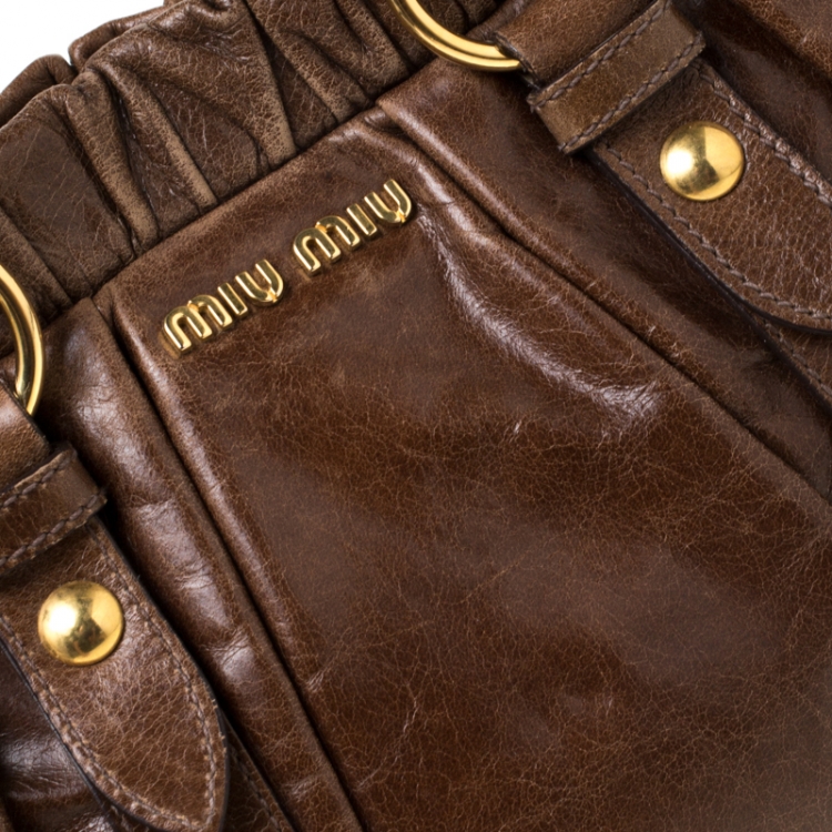 Pre Owned Miu Miu Brown Glazed Leather Luxe Ruched Tote