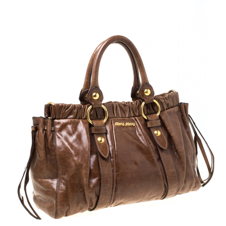 Pre Owned Miu Miu Brown Glazed Leather Luxe Ruched Tote