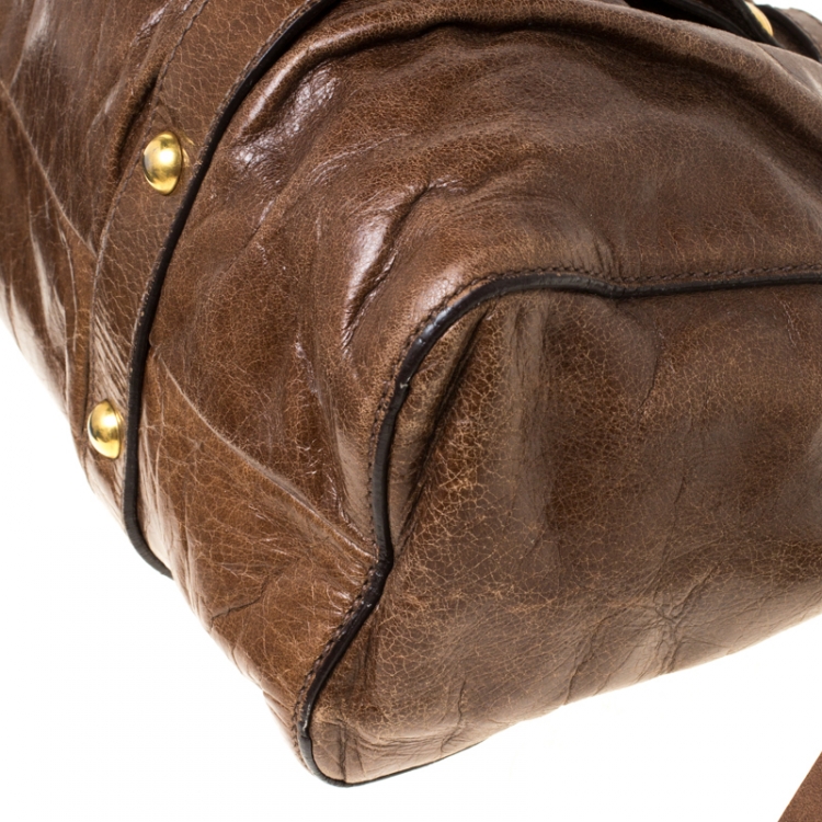 Pre Owned Miu Miu Brown Glazed Leather Luxe Ruched Tote