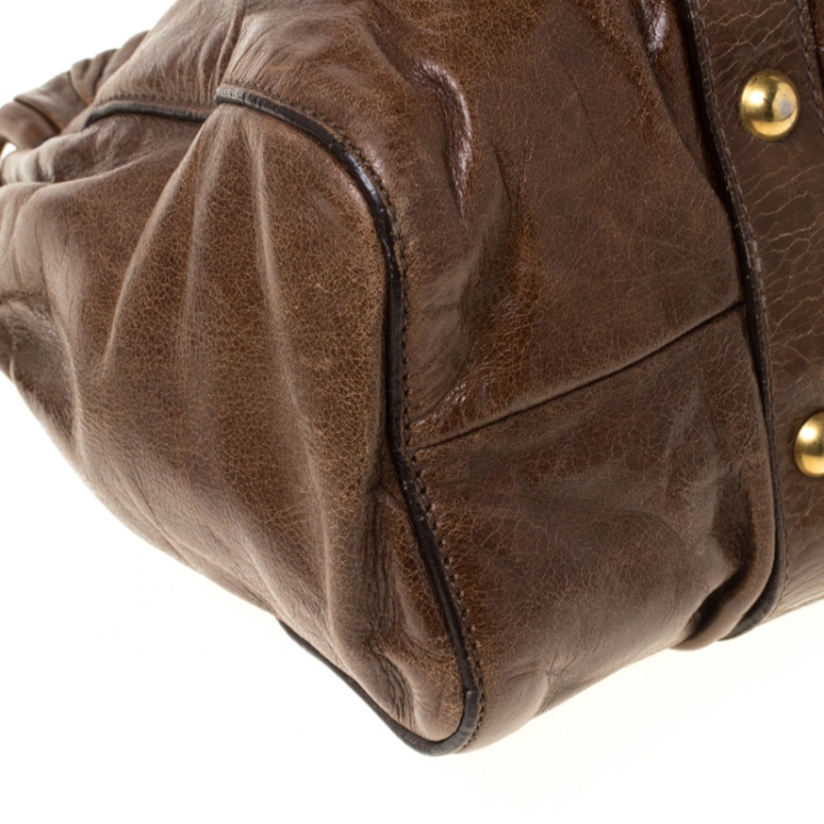 Pre Owned Miu Miu Brown Glazed Leather Luxe Ruched Tote