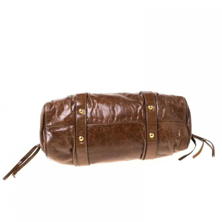 Pre Owned Miu Miu Brown Glazed Leather Luxe Ruched Tote