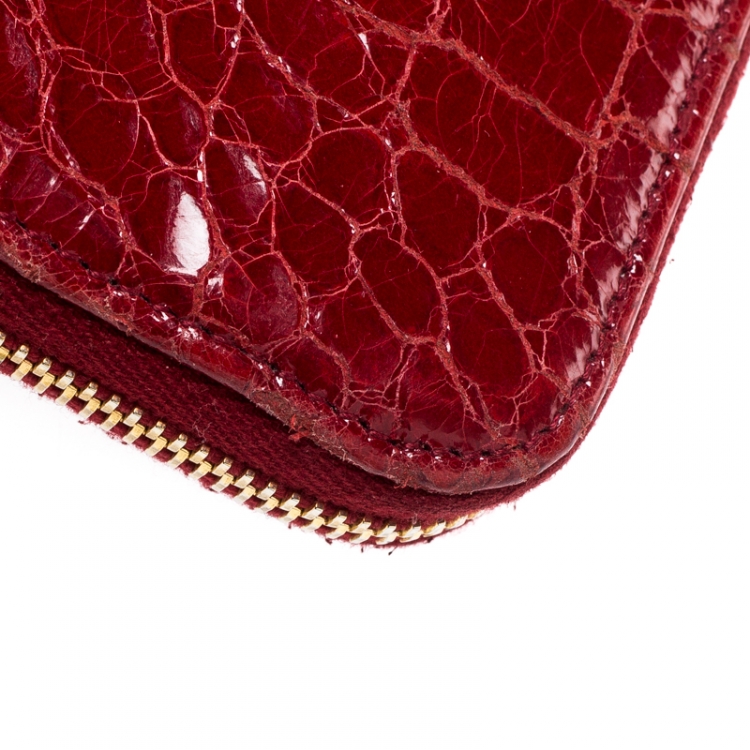 Pre Owned Miu Miu Red Croc Embossed Leather Zip Around Wallet