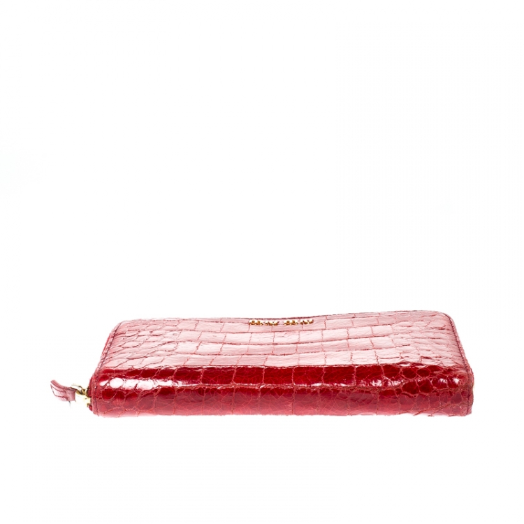 Pre Owned Miu Miu Red Croc Embossed Leather Zip Around Wallet