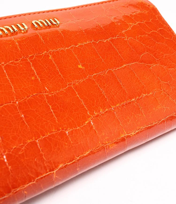 Pre Owned Miu Miu Orange Crocodile Embossed Leather Zip around Wallet