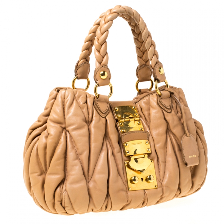 Pre Owned Miu Miu Beige Matelasse Leather Shopper Tote