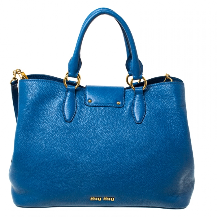 Pre Owned Miu Miu Blue Pebbled Leather Convertible Tote