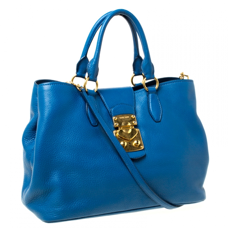 Pre Owned Miu Miu Blue Pebbled Leather Convertible Tote