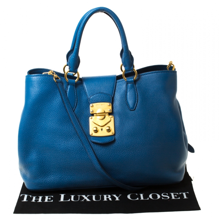 Pre Owned Miu Miu Blue Pebbled Leather Convertible Tote