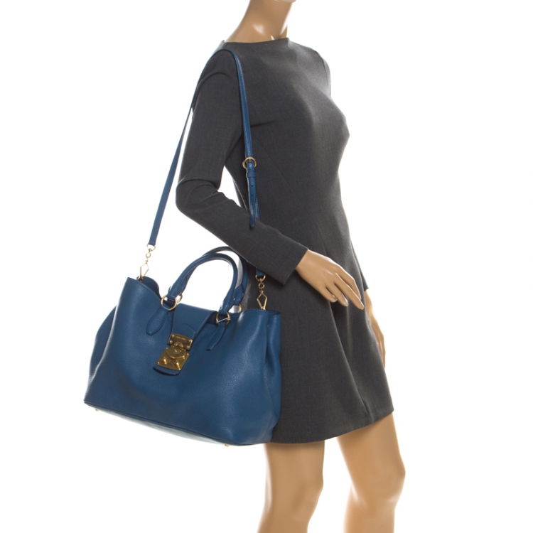 Pre Owned Miu Miu Blue Pebbled Leather Convertible Tote