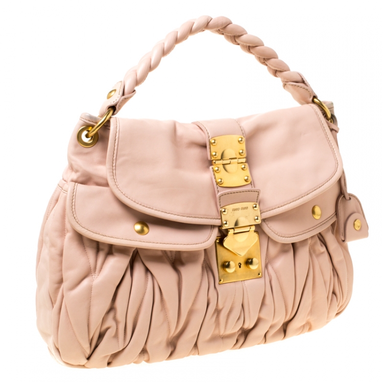 Pre Owned Miu Miu Pink Matelasse Leather Coffer Hobo