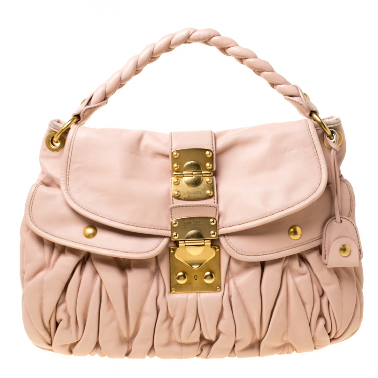 Pre Owned Miu Miu Pink Matelasse Leather Coffer Hobo