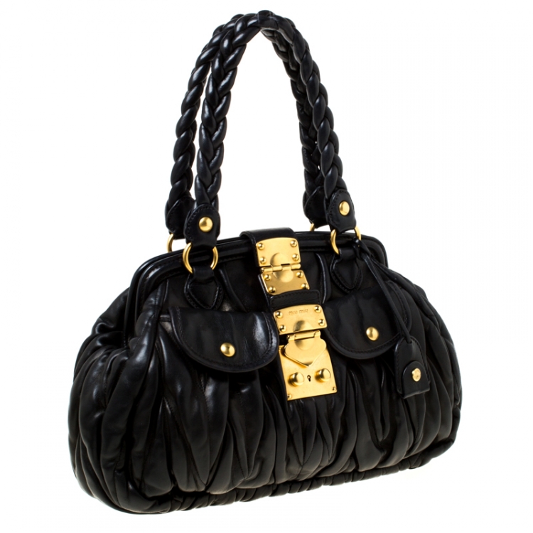 Pre Owned Miu Miu Black Matelasse Lux Leather Bauletto Satchel