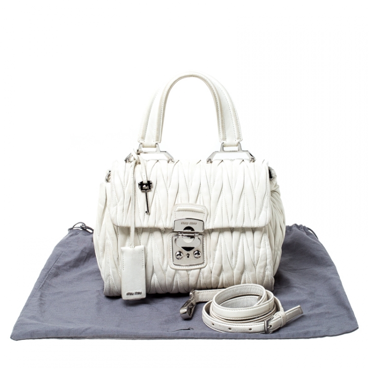 Pre Owned Miu Miu White Matelasse Leather Top Handle Bag