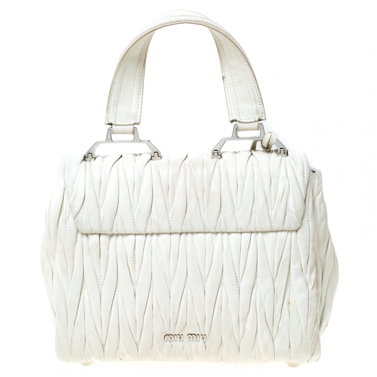 Pre Owned Miu Miu White Matelasse Leather Top Handle Bag