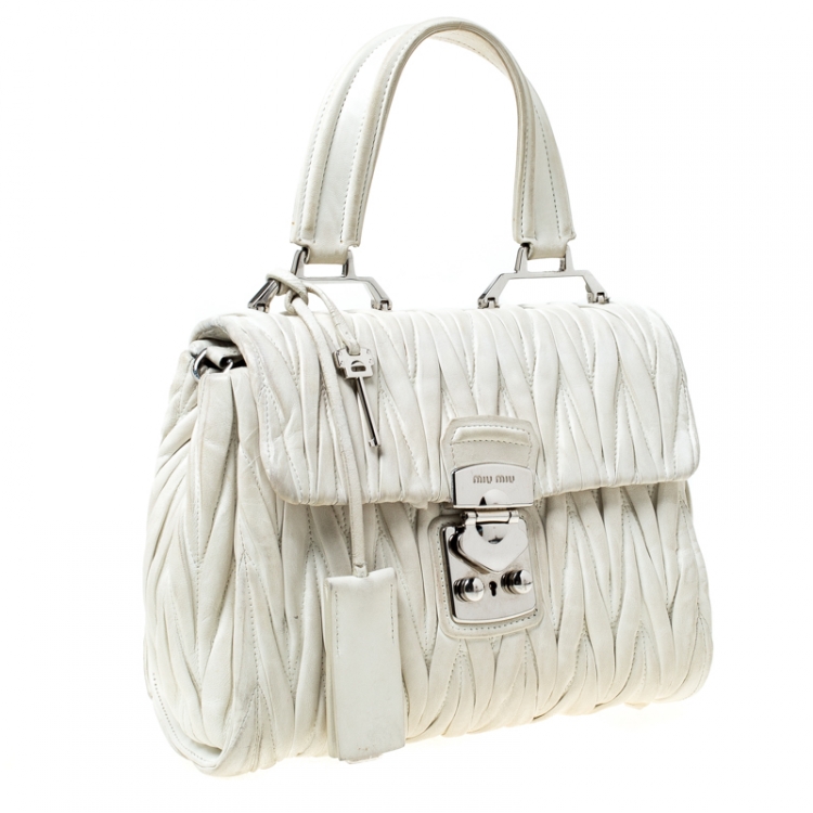 Pre Owned Miu Miu White Matelasse Leather Top Handle Bag