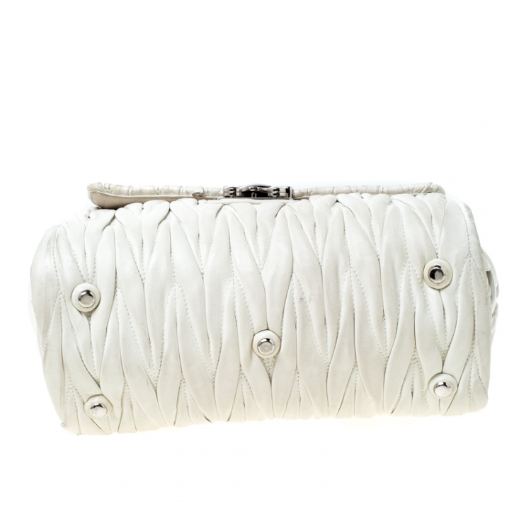 Pre Owned Miu Miu White Matelasse Leather Top Handle Bag