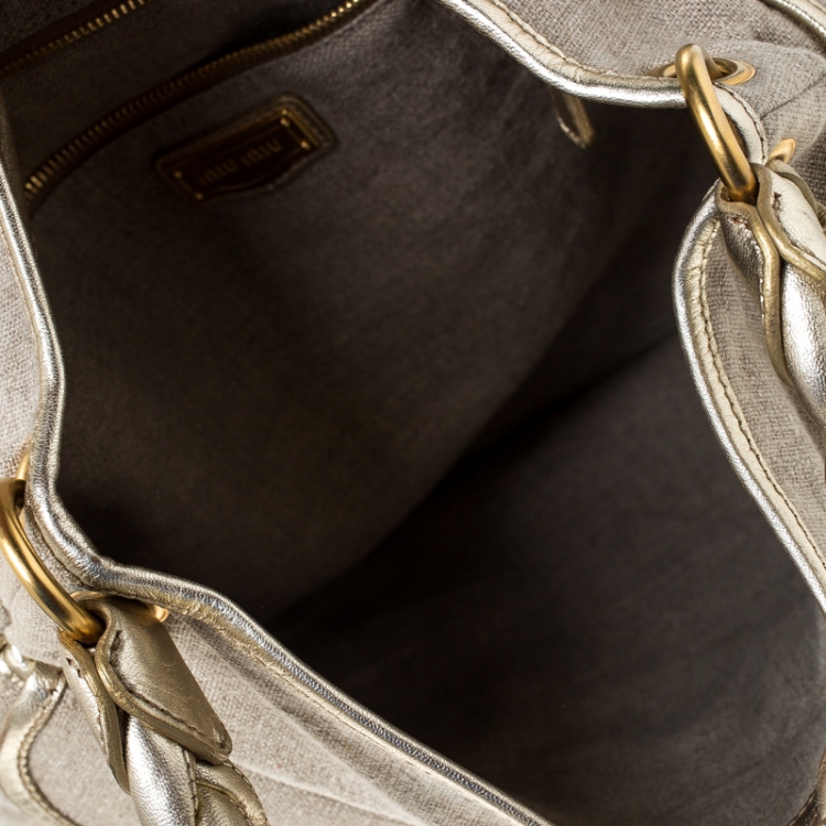 Pre Owned Miu Miu Beige/Gold Matelasse Fabric and Leather Coffer Hobo