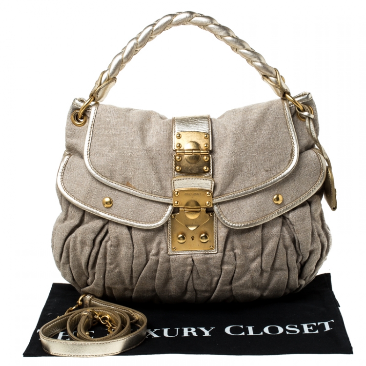 Pre Owned Miu Miu Beige/Gold Matelasse Fabric and Leather Coffer Hobo