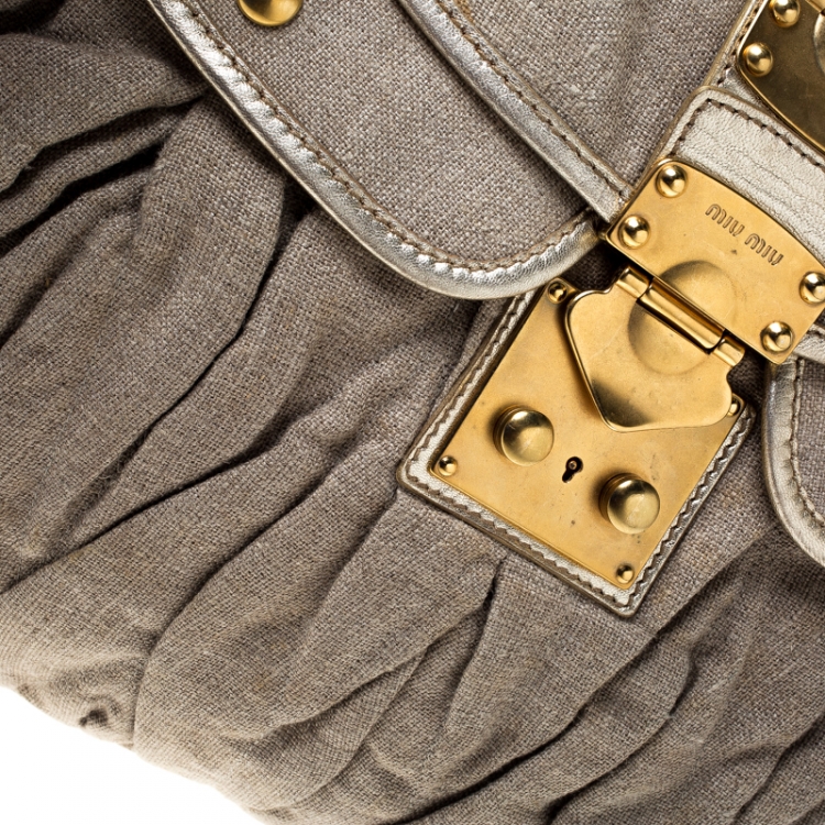 Pre Owned Miu Miu Beige/Gold Matelasse Fabric and Leather Coffer Hobo