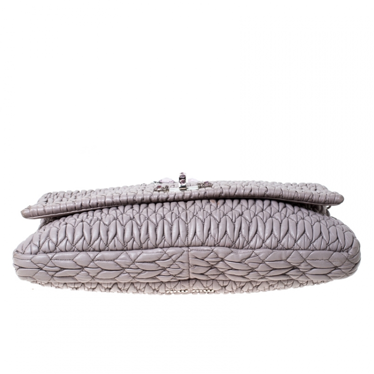 Pre Owned Miu Miu Nude Matelasse Leather Crystal Flap Shoulder Bag