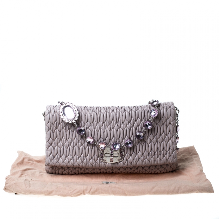 Pre Owned Miu Miu Nude Matelasse Leather Crystal Flap Shoulder Bag