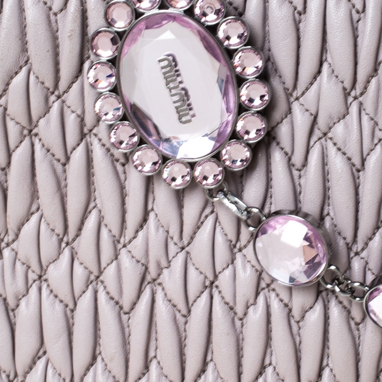 Pre Owned Miu Miu Nude Matelasse Leather Crystal Flap Shoulder Bag