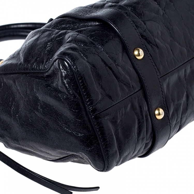 Pre Owned Miu Miu Black Glazed Leather Luxe Ruched Tote