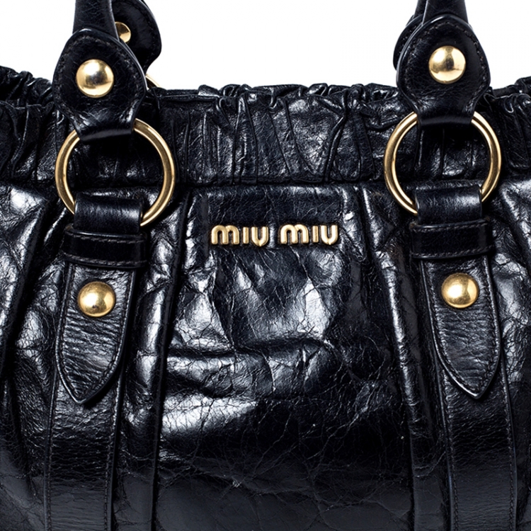 Pre Owned Miu Miu Black Glazed Leather Luxe Ruched Tote