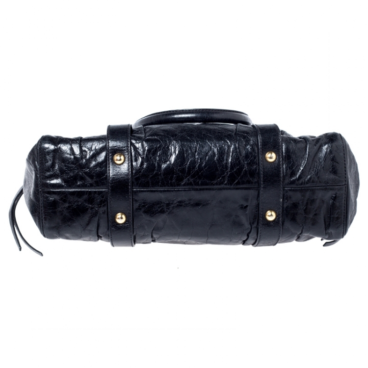 Pre Owned Miu Miu Black Glazed Leather Luxe Ruched Tote