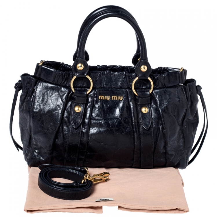 Pre Owned Miu Miu Black Glazed Leather Luxe Ruched Tote