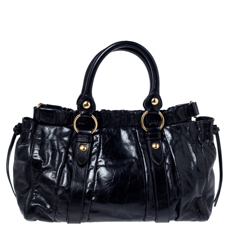 Pre Owned Miu Miu Black Glazed Leather Luxe Ruched Tote