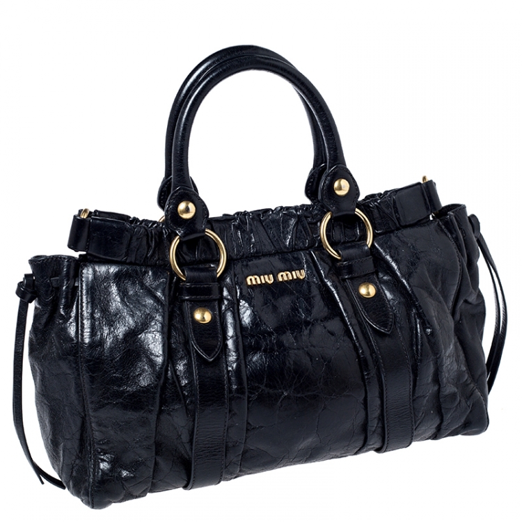 Pre Owned Miu Miu Black Glazed Leather Luxe Ruched Tote