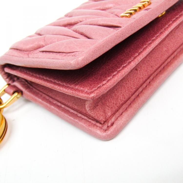 Pre Owned Miu Miu Pink Matelasse Leather Card Case